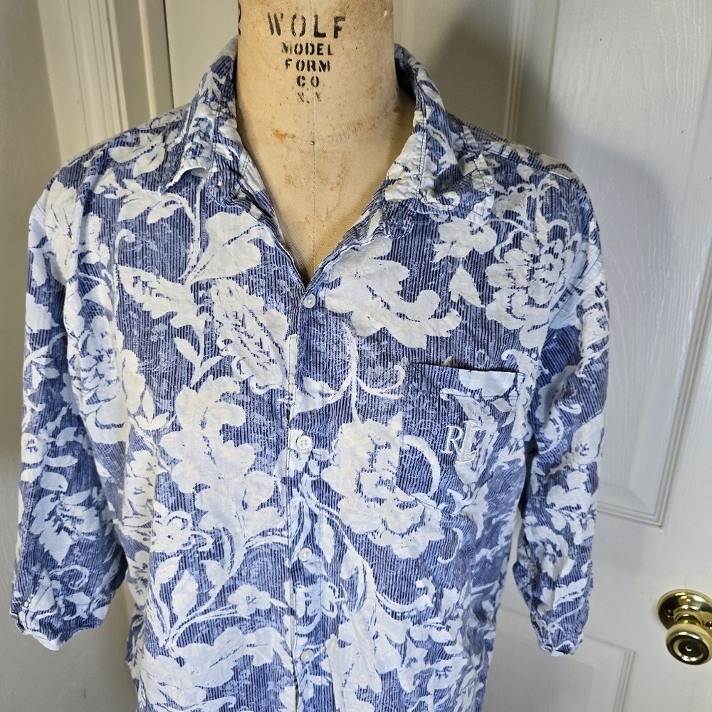 Floral Blue White Lauren Ralph Lauren Button Front Womens Shirt L - Picture 8 of 11